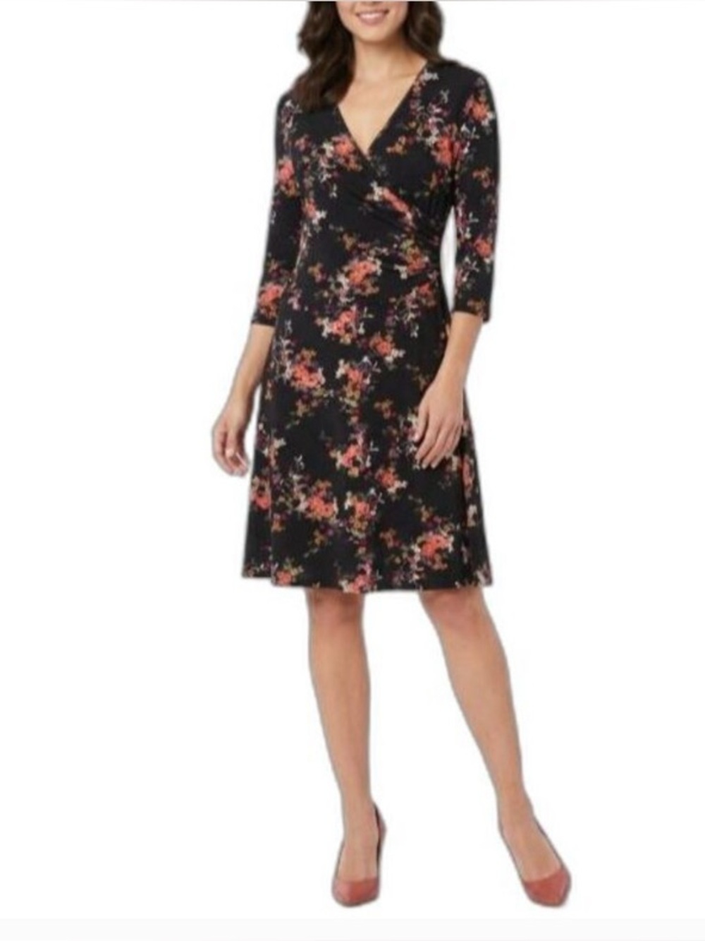 Garnet Hill Women's Black Floral Jersey Faux
Wrap 3/4 Sleeve Dress - S